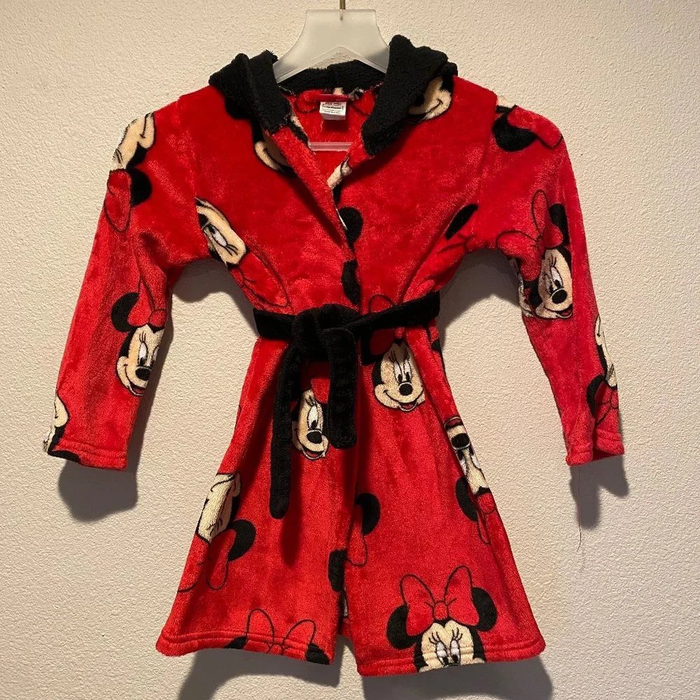 Disney Minnie Mouse Fleece Robe Youth Size‎ 4/5 - Soft Plush Hooded Bathrobe